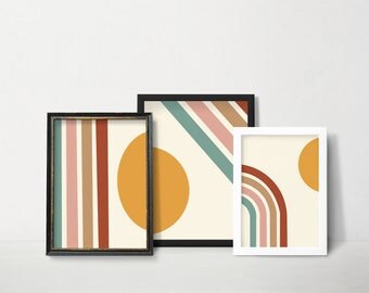 Conjunto de 3 impressões artísticas, estampas modernas de meados do século, arte moderna de parede, formas abstratas, bloco de cores