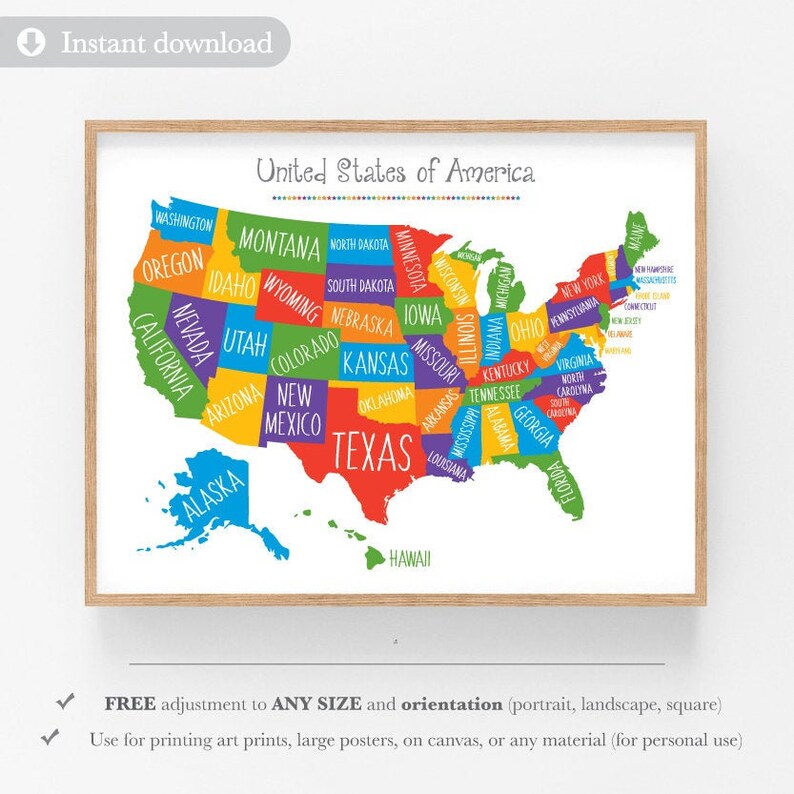 Large United States Map For Kids Printable Colorful Usa Map Etsy