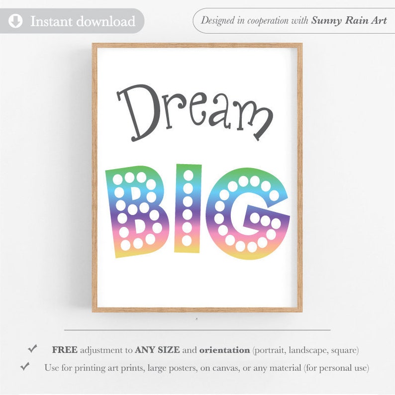 Dream big printable quote for kids room colorful playroom wall | Etsy