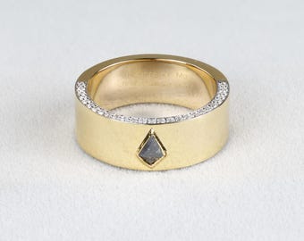 10K Gold Band For Valentine Gift For Her | Salt and Pepper Kite Diamond Ring | Unique Wedding Band for Men or Women, Mens Band Stacking Band