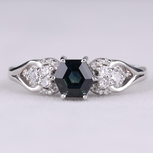 Hexagon Teal Green Sapphire Ring, Teal Sapphire Engagement Ring in 925 Sterling Silver, September Birthstone Ring For Women, Dainty Ring
