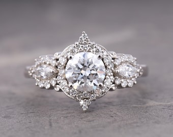 Anillo de halo de diamantes redondos para San Valentín, anillo de bodas de plata de ley estilo art déco vintage, anillo de compromiso con halo, anillo de promesa.