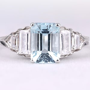 Blue Emerald Cut Aquamarine Engagement Ring, Natural Sea Blue Aquamarine Ring in Silver, March Birthstone Ring, Anniversary Gift For Women
