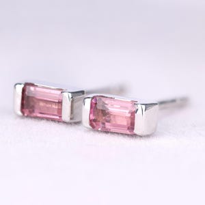 Pendientes de turmalina rosa en plata, turmalina de talla esmeralda para uso diario, pendientes de boda, regalo de aniversario, regalo del Día del Padre