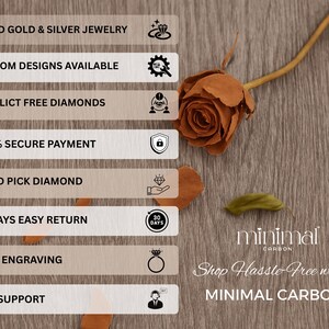 May include: Image features a dried rose and text on a wooden surface. Text includes "SOLID GOLD & SILVER JEWELRY", "CUSTOM DESIGNS AVAILABLE", "CONFLICT FREE DIAMONDS", "100% SECURE PAYMENT", "HAND PICK DIAMOND", "30 DAYS EASY RETURN", "FREE ENGRAVING", and "24/7 SUPPORT". The brand name "minimal CARBON" is also visible.