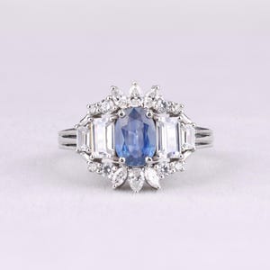 Blue Oval Sapphire Diamond Boho Ring, Natural Ceylon Blue Sapphire Art deco Ring, Minimalist Engagement Ring For Anniversary Gift For Her