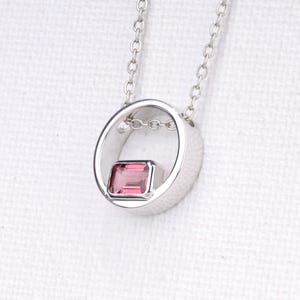 Pink Tourmaline Pendant, Minimalist Circle Pendant in Sterling Silver, Geometric Pink Tourmaline Necklace  October Birthstone Pendant Gift