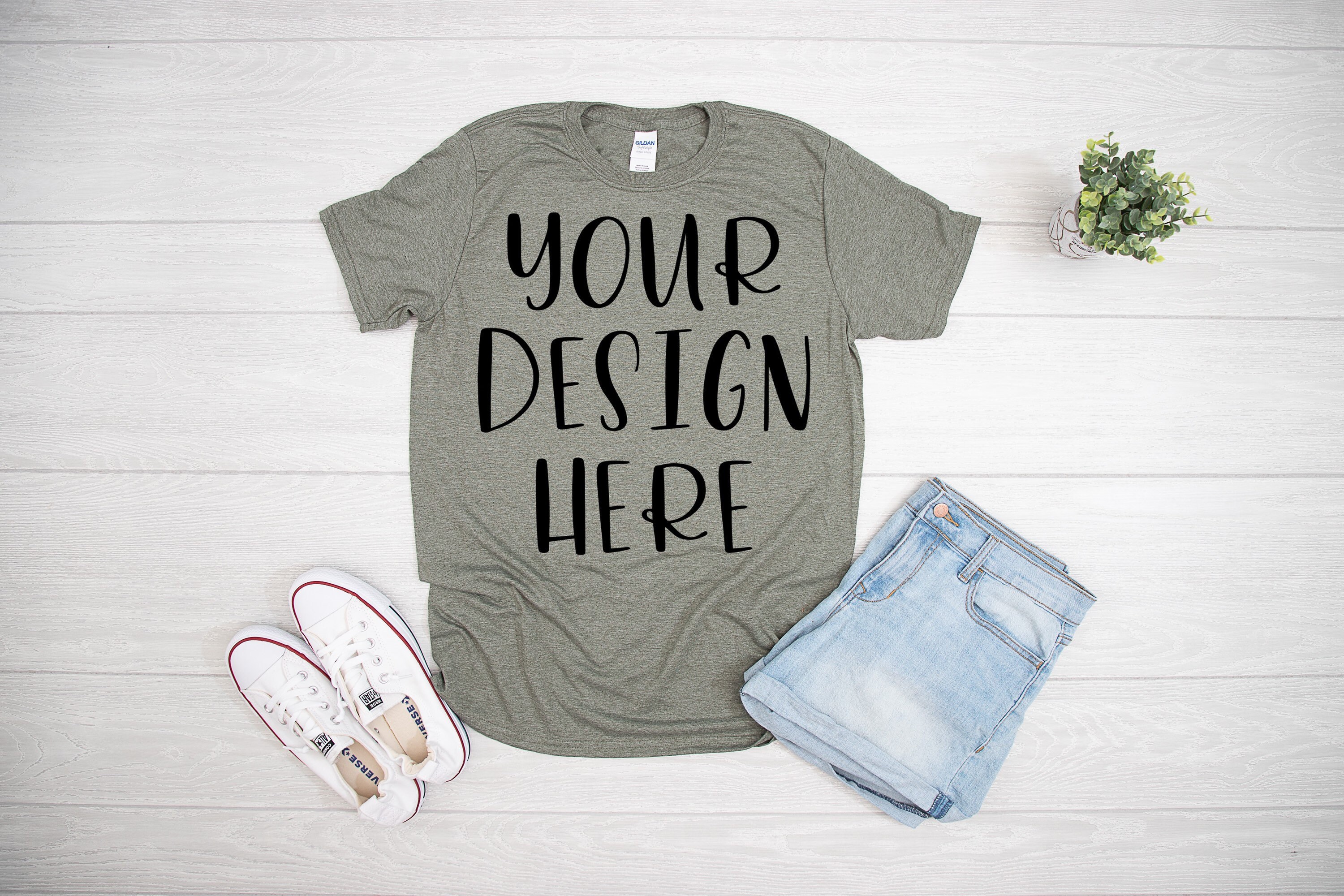 Gildan 640 Heather Military Green Unisex Tshirt Mock Up Etsy
