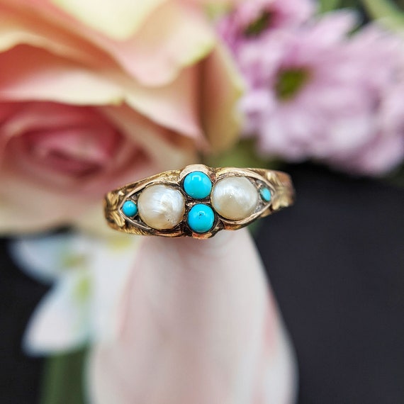 Antique Victorian 15ct Gold Turquoise & Pearl Ring