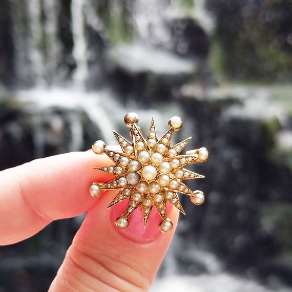 Antique 18ct Gold & Pearl Star Brooch, Victorian S