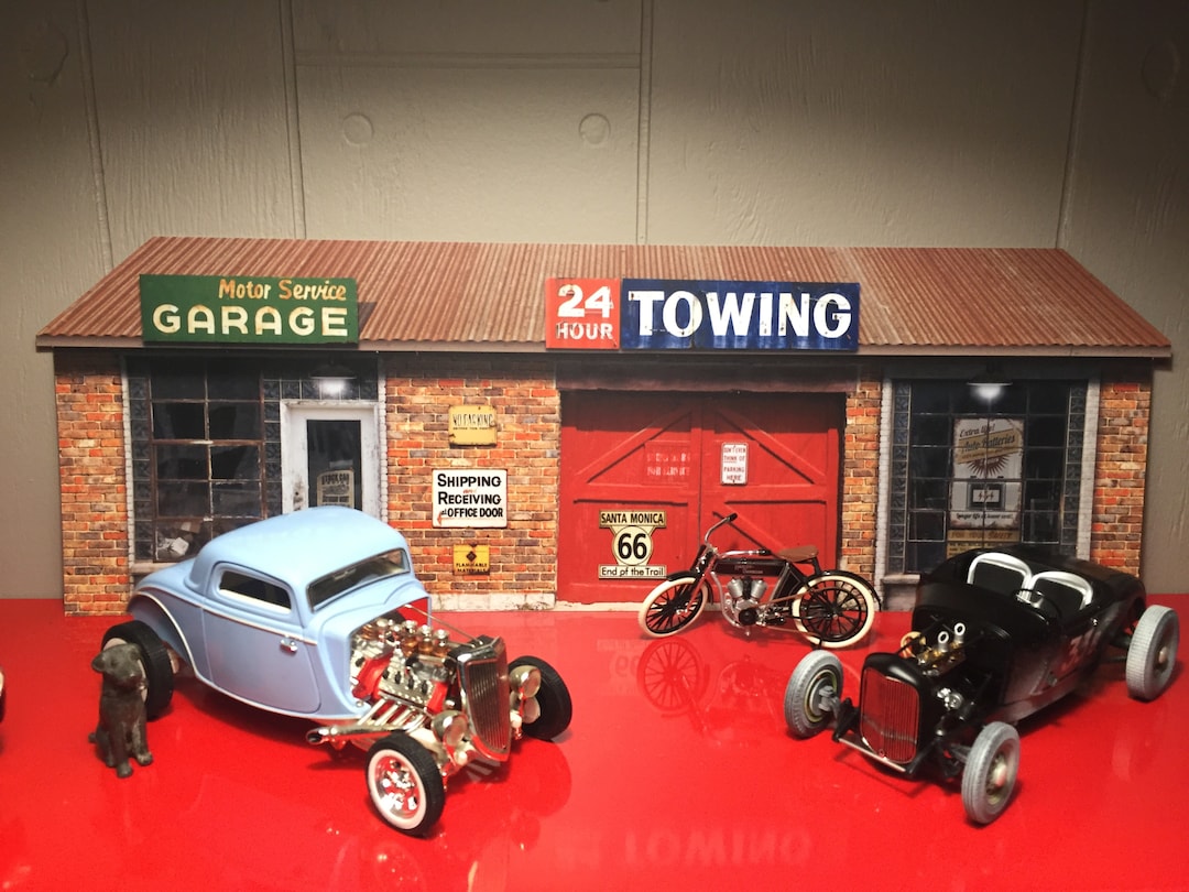1/18ミニカーガレージ☆撮影背景☆ドールハウス☆ハンドメイド 1:18 Scale Diorama Miniature Garage Shop Diecast Model Car