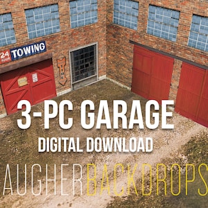 Może przedstawiać: Trójelementowy zestaw tła garażowego do fotografii. Tło przedstawia budynek z cegły z bramą garażową, oknami i tabliczką z napisem "24 Hour Towing".