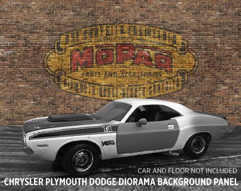 Diorama a escala 1:18, miniatura, MoPAR, ladrillo, garaje, tienda, pared, modelo de coche fundido a presión, fondo, exhibición, descarga digital imprimible