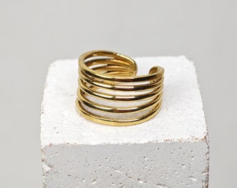 Wide adjustable brass ring, minimalist multi-row gold finger ring