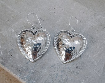 Sterling silver heart earrings, 925 silver earrings with hammered heart pendant,