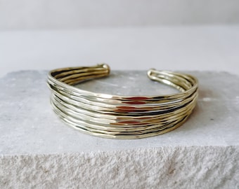 Adjustable multi-row hammered brass bangle, gold open bangle