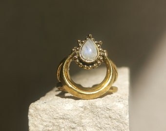 Anillo de latón con luna creciente y piedra lunar, anillo de luna ajustable, anillo de amistad, anillo de oro