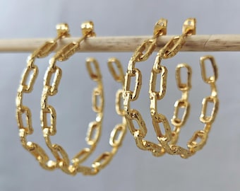 Chunky 18K gold-plated chain link hoop earrings, statement link chain hoop earrings, 35 mm or 45 mm in size