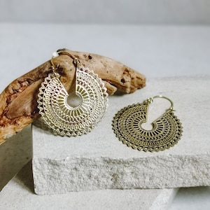 Brass mandala earrings, golden tribal earrings, gold statement earrings, boho earrings, hippie jewelry, ethnic earrings