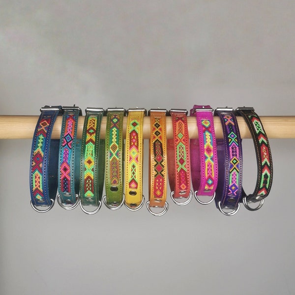 Buntes Medium Lederhalsband, Hundehalsband aus Chiapas Mexiko, Hundehalsband aus Leder 40 cm lang, Halsband Handarbeit Unikat