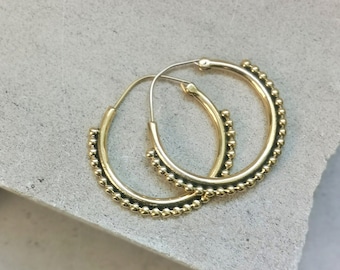Ball hoop earrings, brass bubble hoop earrings 40 mm, boho hippie hoop earrings, Bali hoop earrings, gold hoops