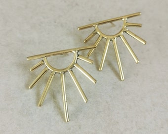 Brass Sun Earrings, Sun Rays Studs, Golden Sun Studs