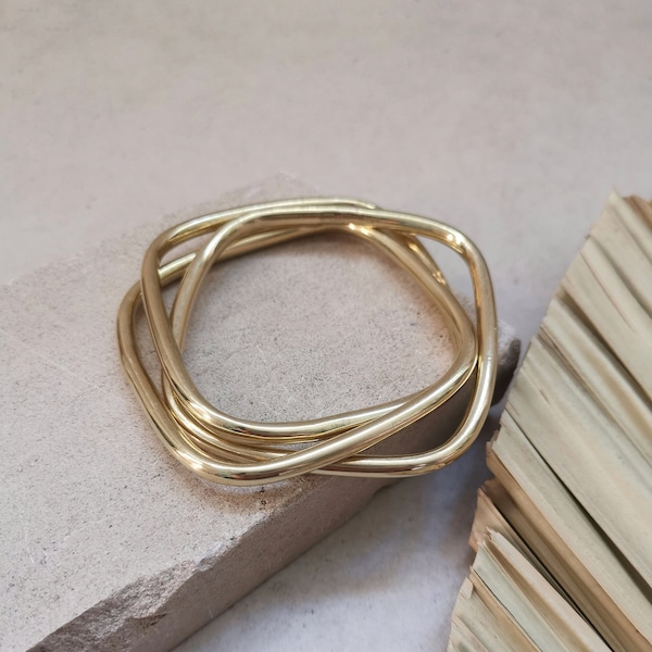 Chunky gold brass bracelet, statement bracelet, wide bangles, tribal gold bangle made of 3 geometric hoops, trio bracelet