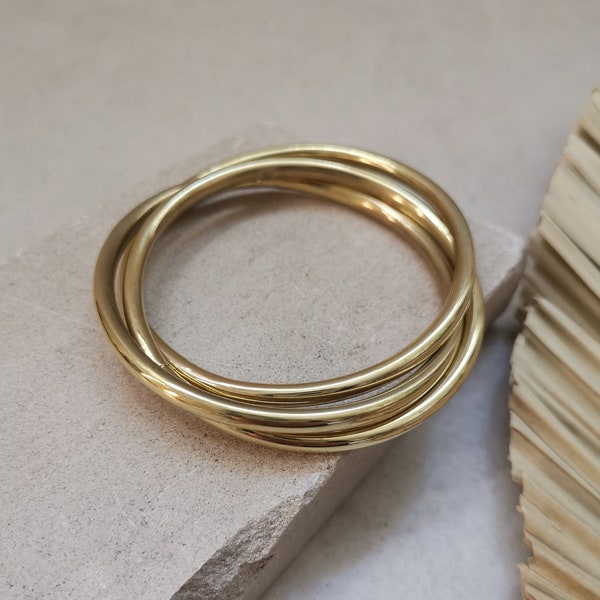Chunky gold brass bracelet, statement bracelet, wide bangles, tribal gold bangle made of 3 hoops, trio bracelet
