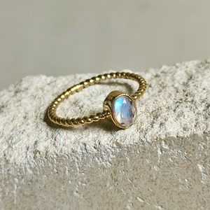 Thin ring with moonstone, simple ring, stacking ring, delicate oval moonstone ring, braided textured