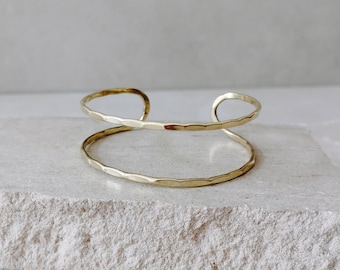Gold-tone brass bangle, adjustable, textured, hammered, minimalist bracelet