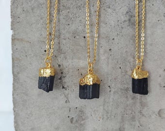 Collar de turmalina bañado en oro, collar de piedras preciosas hecho a mano, colgante de turmalina negra