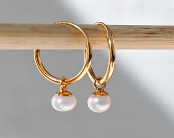 Freshwater pearl mini hoop earrings in 925 sterling silver, 14K gold plated, small pearl earrings
