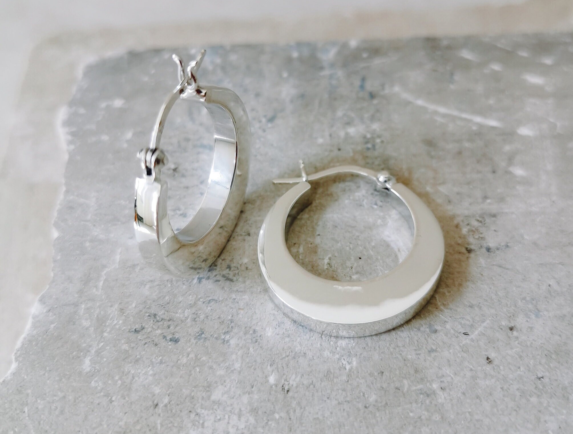 Wide Small 925 Silver Hoop Earrings, Chunky Sterling Silver