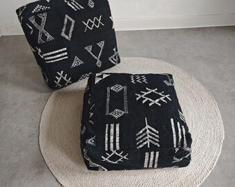 Handmade kilim wool floor cushions, black pouf with white patterns, modern Moroccan floor cushions