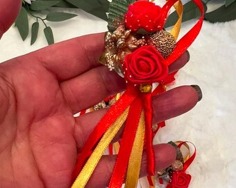 Floral boutonniere, pin, groom, red, gold, Damat Yaka Cicegi, diamond, satin, bow, button flower, boutonniere