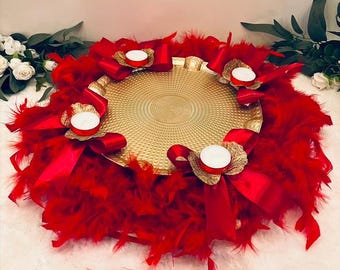 Henna tray, henna plate, red, henna evening, roses, feather boa, gold, candles