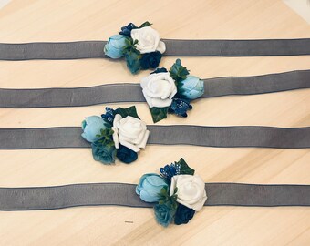 Bridesmaid Flower Bracelet Blue White Vintage Hand Corsage