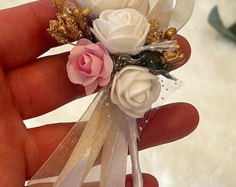 Flower Pin Groom Gold White Damat Yaka Cicegi Organza Bow Button Flower Corsage