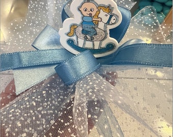 Guest gift blue rocking horse baby boy welcome gift almond bag ponpon baptism birth baby shower