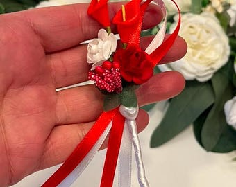 Flower Pin Groom Red White Callas Damat Yaka Cicegi Satin Bow Buttonhole Corsage