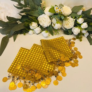 May include: Two gold-colored coin scarves with gold sequins and blue evil eye charms. The scarves are folded and laid out on a white surface.