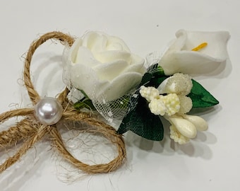 Flower Lapel Pin Groom White Rose Boho Damat Yaka Cicegi Pearl Jute Rope Satin Bow Button Flower Bouquet