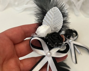 Groom Flower Pin White Black Rose Leaf Feather Satin Bow Buttonhole Corsage Damat Yaka Cicegi