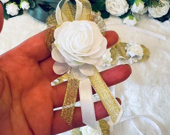 Wedding boutonniere, flower pin, groom's boutonniere, gold leaves, damat yaka cicegi diamond organza bow, button flower, boutonniere posy