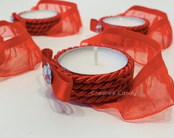 4x Henna evening red cord tealight candles, henna party, hand candles red satin rose hand candles bachelor party rhinestone