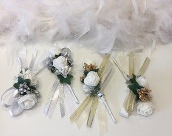 Flower Pin Groom Gold Silver Damat Yaka Cicegi Diamond Organza Bow Button Flower Corsage