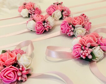 Bridesmaid Flower Bracelet Bachelorette Party Keepsake Hand Corsage Pink
