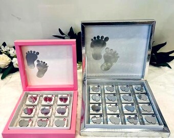 Personalized chocolate squares, chocolate box for birth, christening, baby shower, plexiglass baby feet