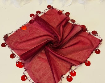 Halay Mendili Large White Dance Towels Dark Red Wedding Sequin Towels Bride