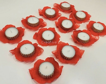 12x Henna evening candles, Henna party, hand candles, gold rhinestones red satin rose hand candles tealight